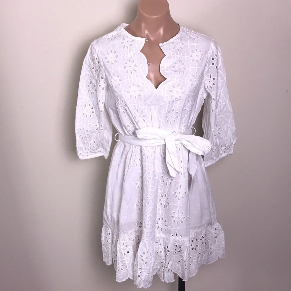 J. Crew Eyelet Ruffle Scalloped White Dress Tie